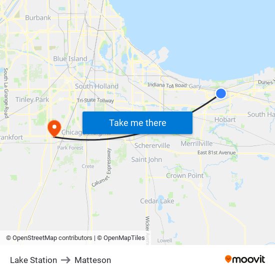 Lake Station to Matteson map