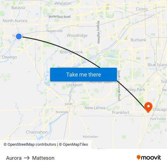 Aurora to Matteson map