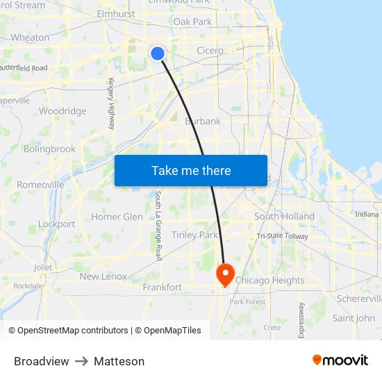 Broadview to Matteson map