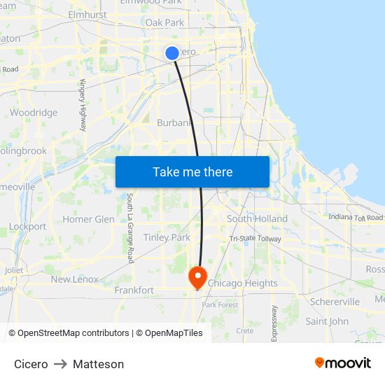 Cicero to Matteson map