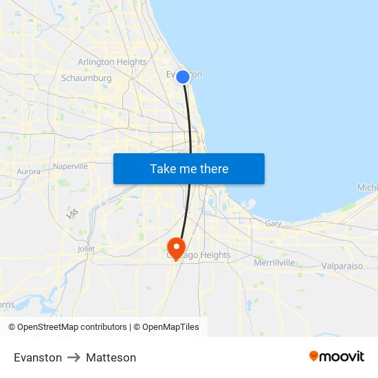 Evanston to Matteson map