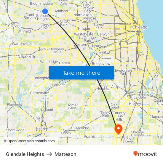 Glendale Heights to Matteson map