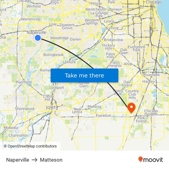 Naperville to Matteson map