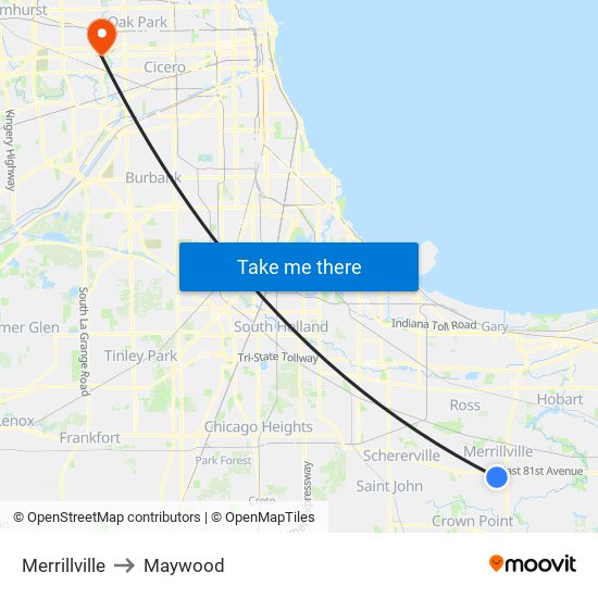 Merrillville to Maywood map