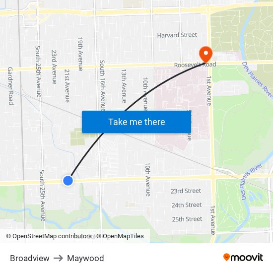 Broadview to Maywood map