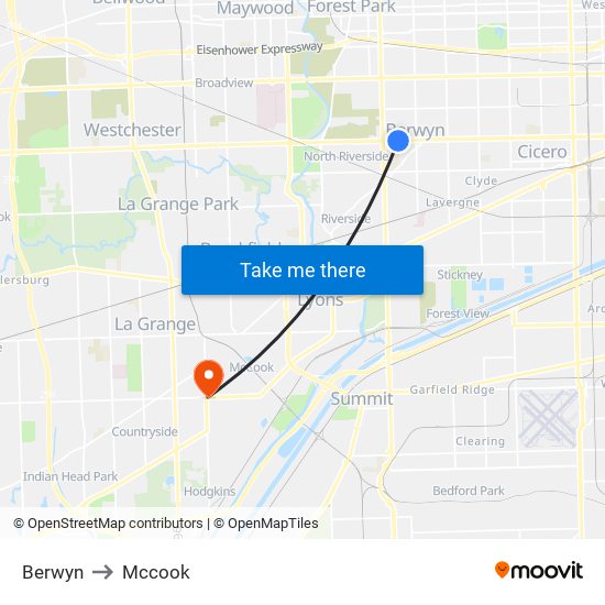 Berwyn to Mccook map