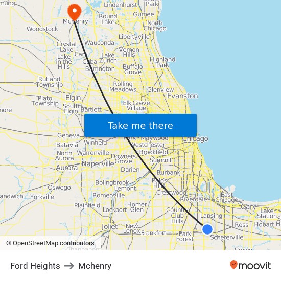 Ford Heights to Mchenry map