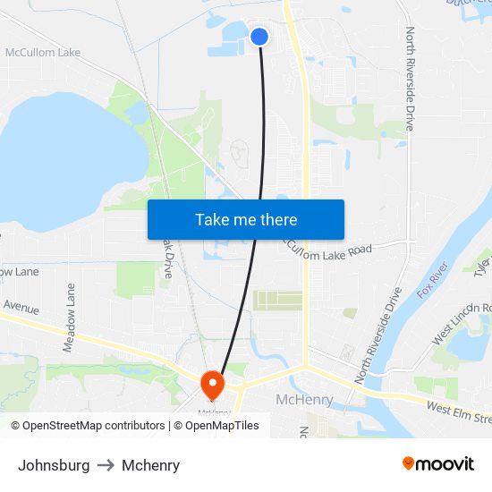 Johnsburg to Mchenry map