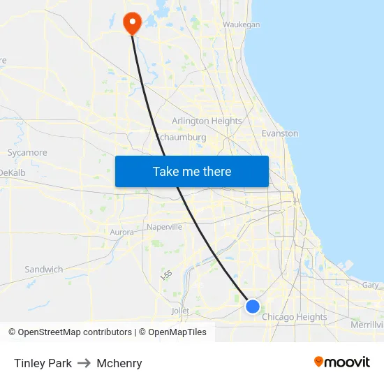 Tinley Park to Mchenry map