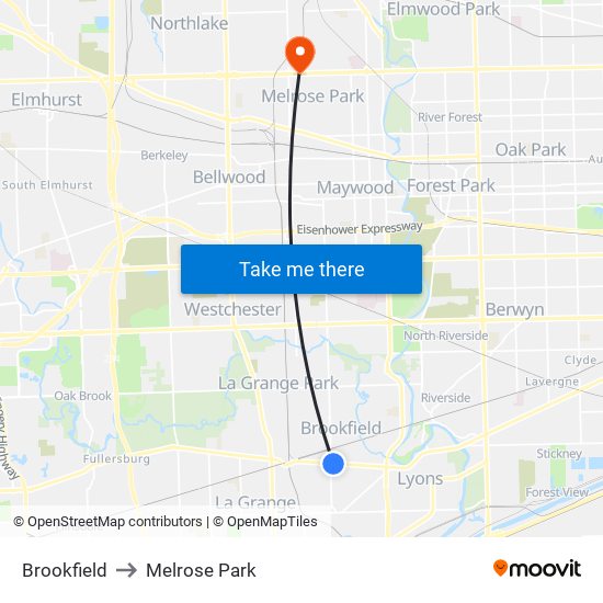 Brookfield to Melrose Park map