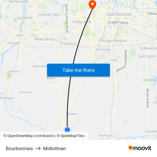 Bourbonnais to Midlothian map