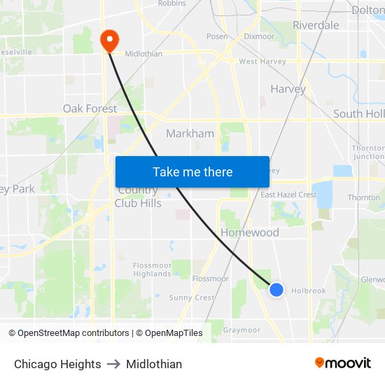 Chicago Heights to Midlothian map