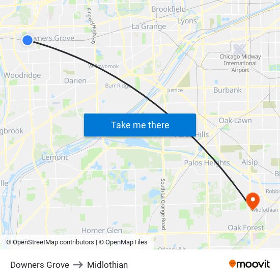 Downers Grove to Midlothian map