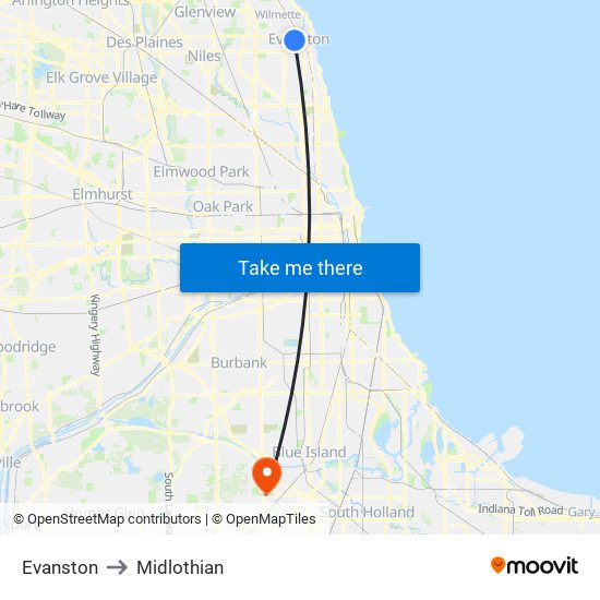 Evanston to Midlothian map