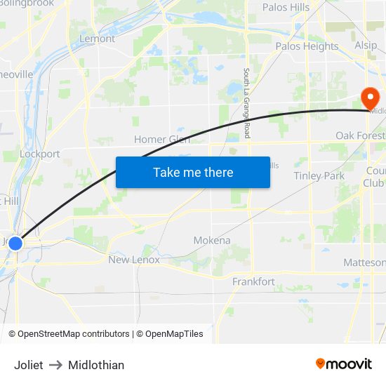 Joliet to Midlothian map