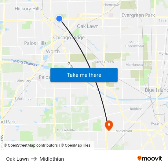 Oak Lawn to Midlothian map