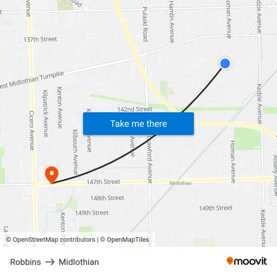 Robbins to Midlothian map