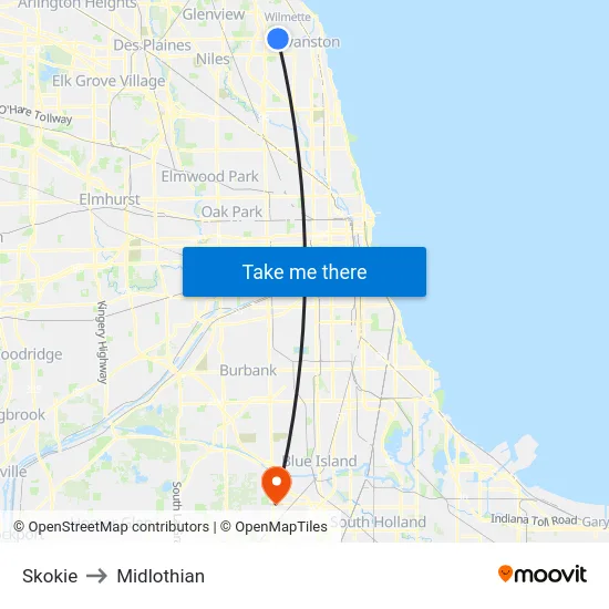 Skokie to Midlothian map
