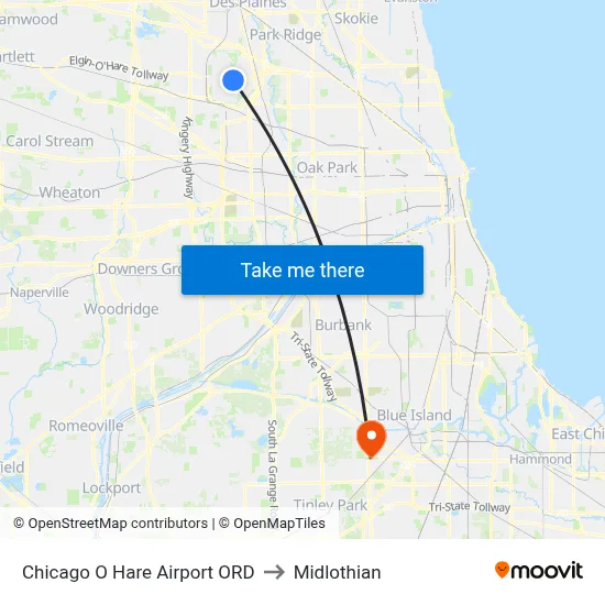 Chicago O Hare Airport ORD to Midlothian map
