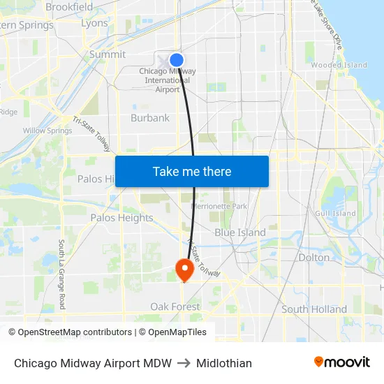 Chicago Midway Airport MDW to Midlothian map