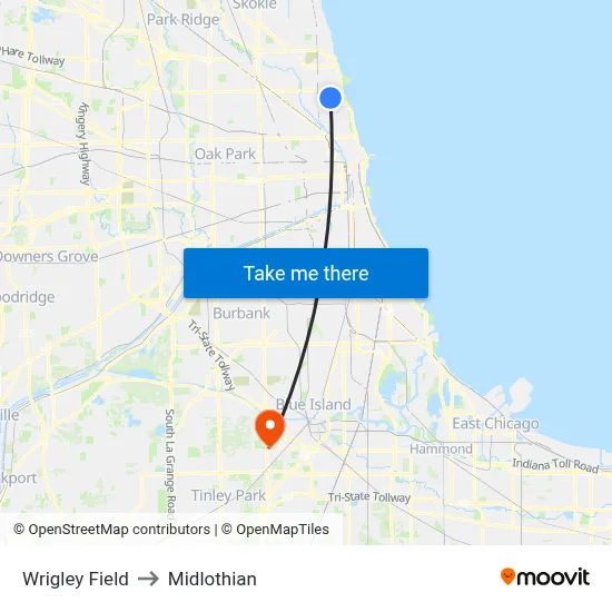 Wrigley Field to Midlothian map