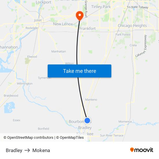 Bradley to Mokena map