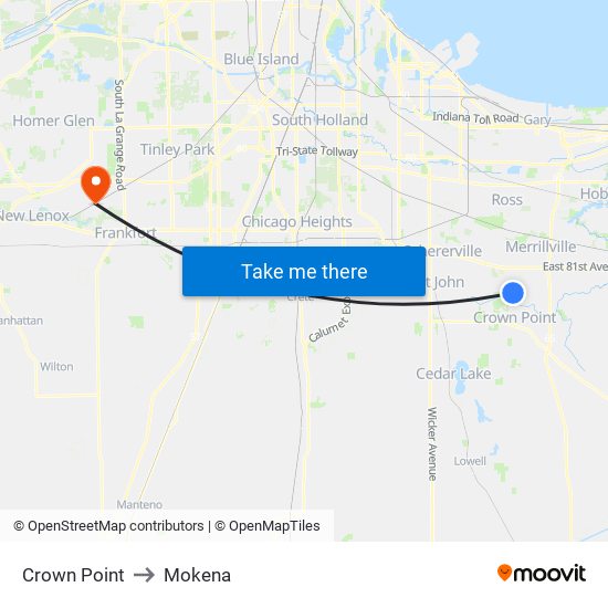 Crown Point to Mokena map