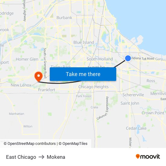 East Chicago to Mokena map