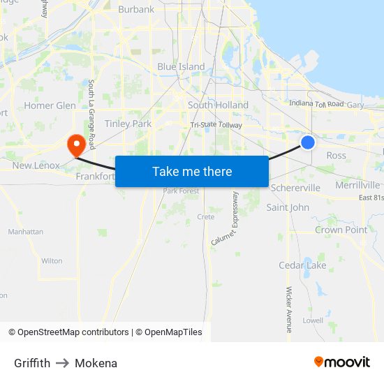 Griffith to Mokena map