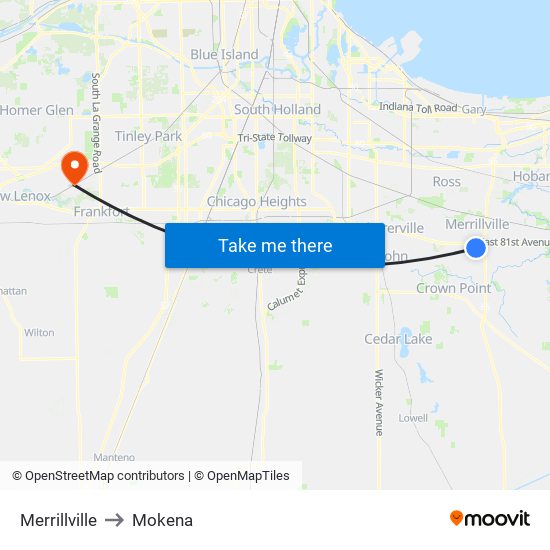 Merrillville to Mokena map