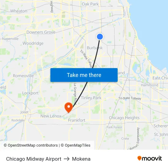 Chicago Midway Airport to Mokena map