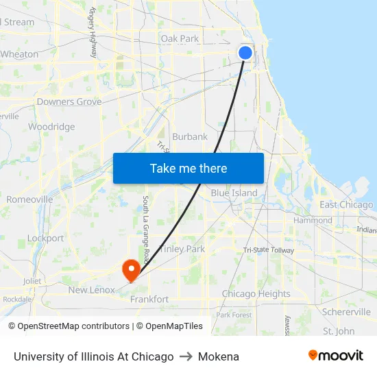 University of Illinois At Chicago to Mokena map