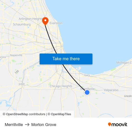 Merrillville to Morton Grove map