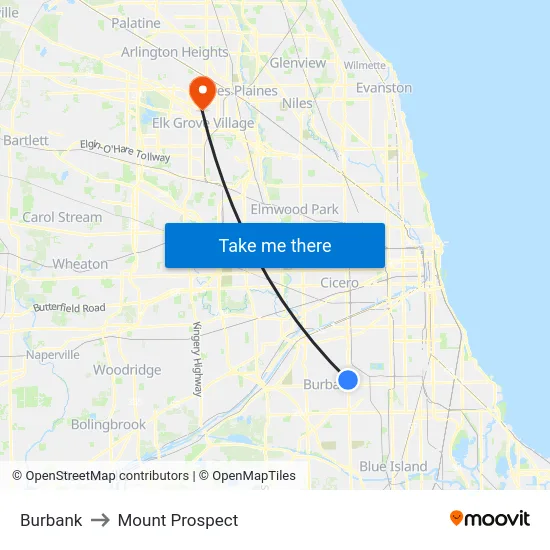 Burbank to Mount Prospect map