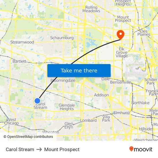 Carol Stream to Mount Prospect map