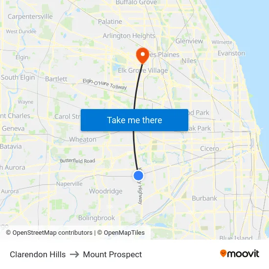 Clarendon Hills to Mount Prospect map