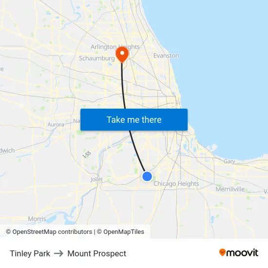 Tinley Park to Mount Prospect map