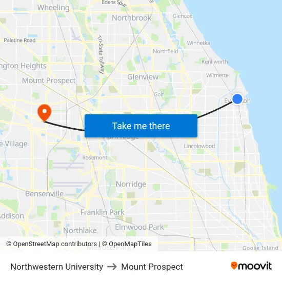 Northwestern University to Mount Prospect map