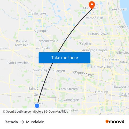 Batavia to Mundelein map