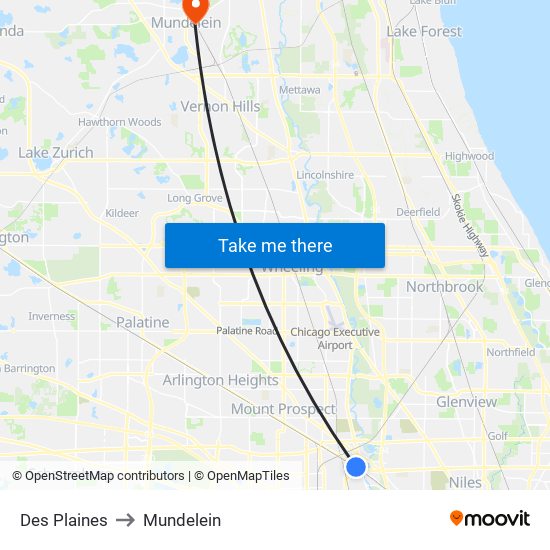 Des Plaines to Mundelein map