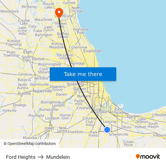 Ford Heights to Mundelein map
