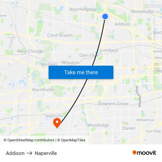 Addison to Naperville map