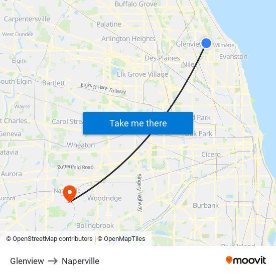 Glenview to Naperville map