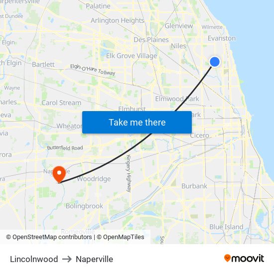 Lincolnwood to Naperville map