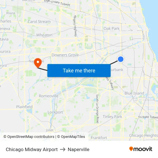 Chicago Midway Airport to Naperville map
