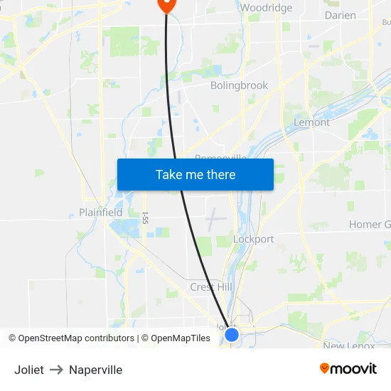 Joliet to Naperville map