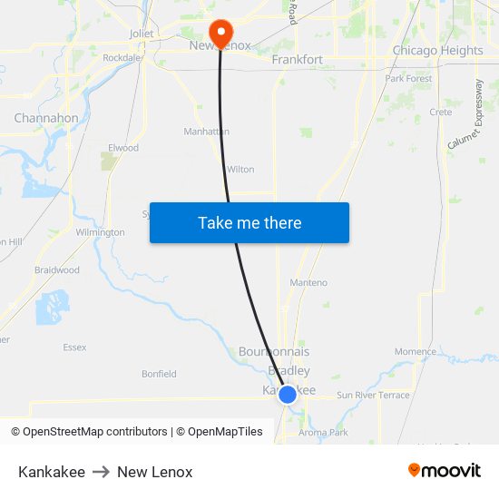 Kankakee to New Lenox map