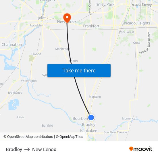 Bradley to New Lenox map