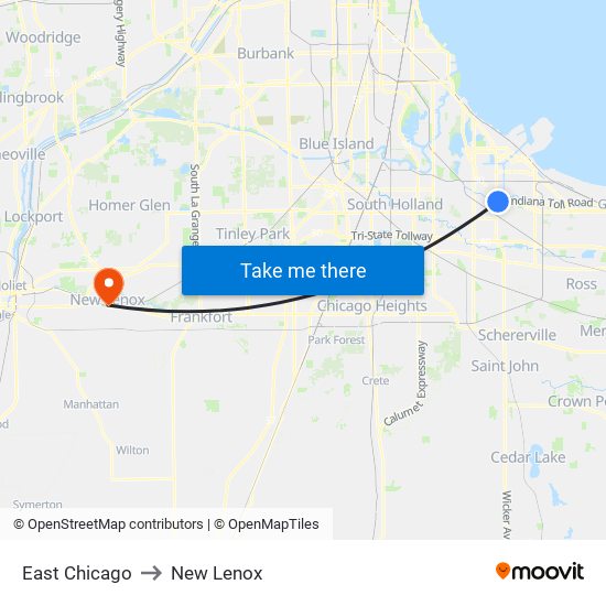 East Chicago to New Lenox map
