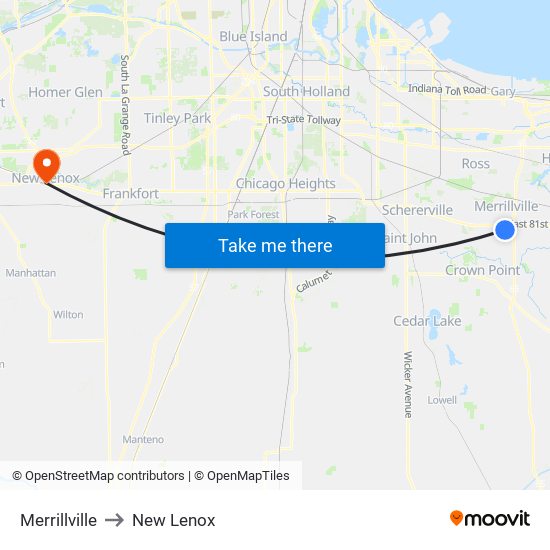 Merrillville to New Lenox map